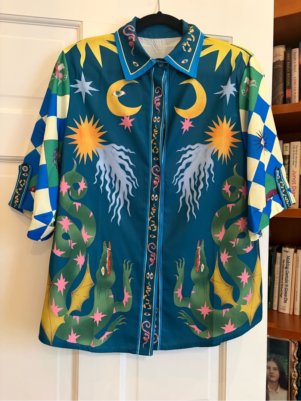 Teal Button-Down Shirt with Celestial & Dragon Print